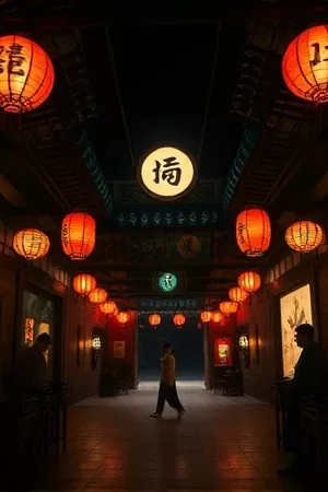竖版剧照：外婆抱着放映机坐在院子里的竹椅上